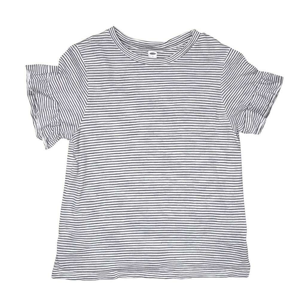White Blue Striped Flutter Sleeve Cottagecore Prairie 100% Cotton T-Shirt Small